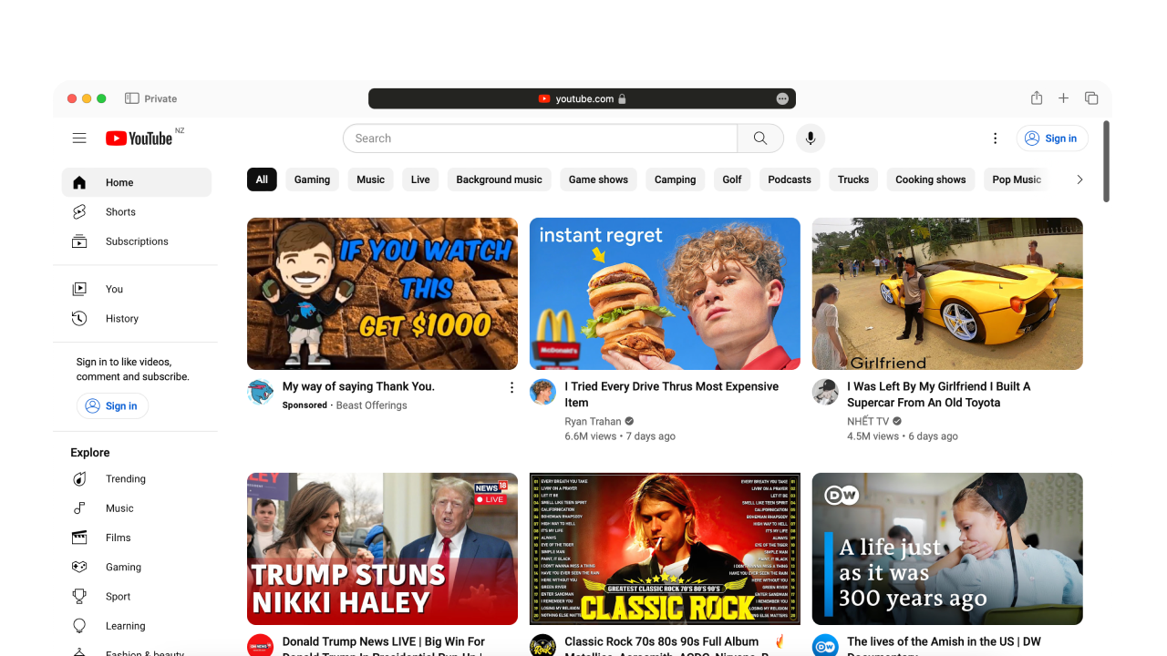 Youtube Home Page showing another phishing scam promoted in the first position.