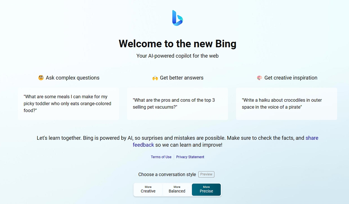 Bing's new Chatbot splash screen