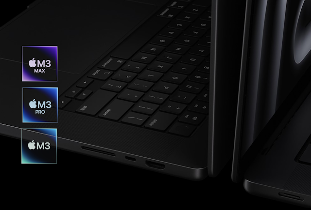 3가지 새로운 칩셋의 아이콘을 표시하는 2023년 Macbook Pro Black Edition